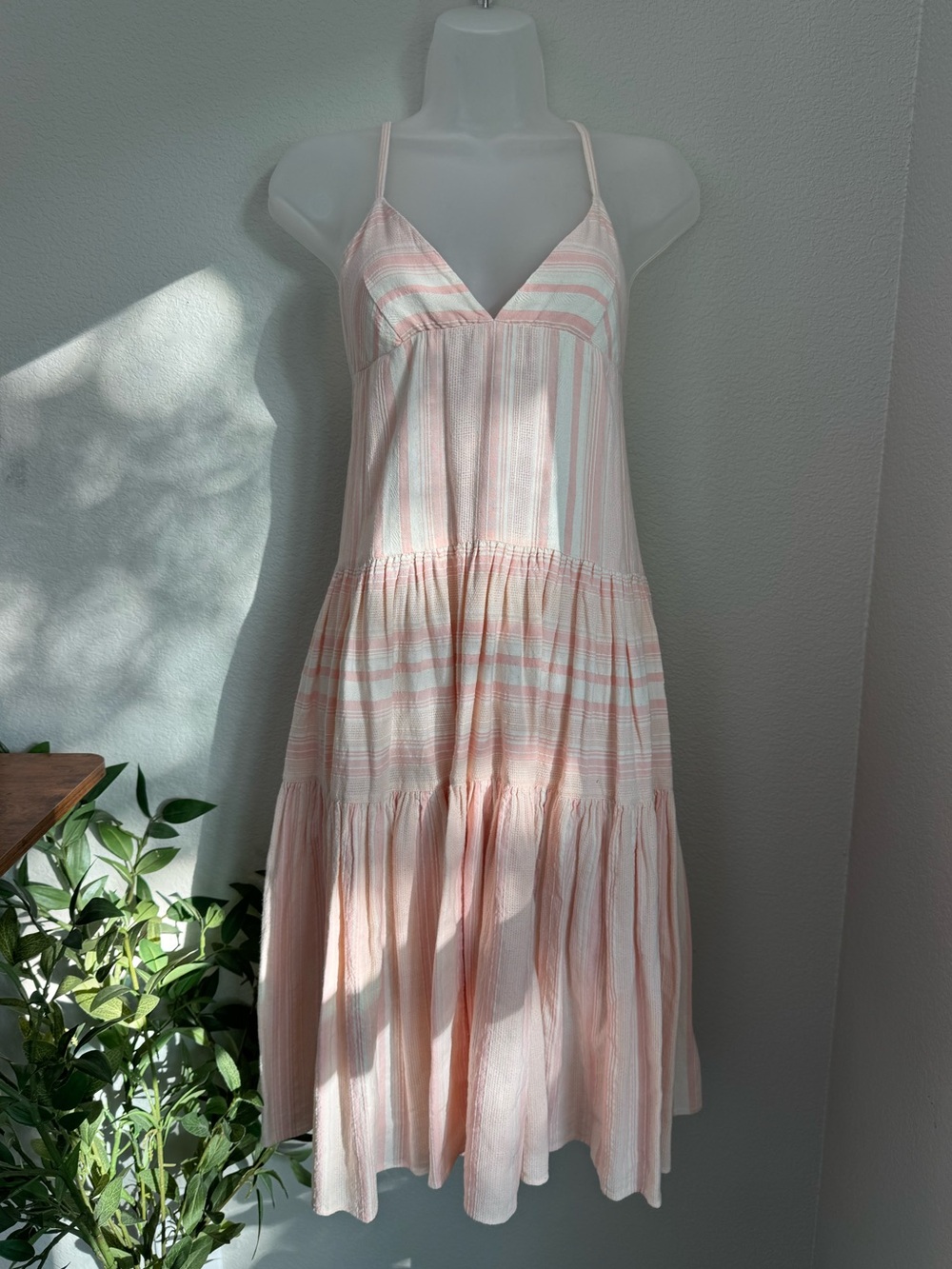 Mara Hoffman Swim Striped Midi Dress XS Organic Cotton Pink Tiered Cross Back